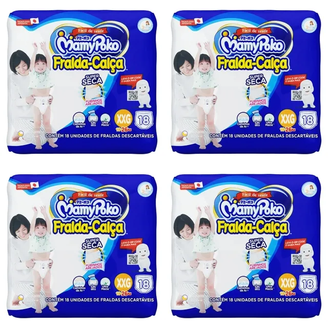 Kit 4 Fraldas Infantil Super Seca Calça MamyPoko XXG Pacote 18 Unidades cada
