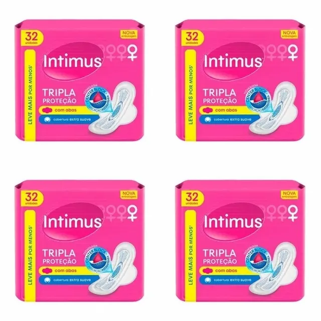Kit c/4 Absorventes Intimus Tripla Suave Com Abas 32 Unidades