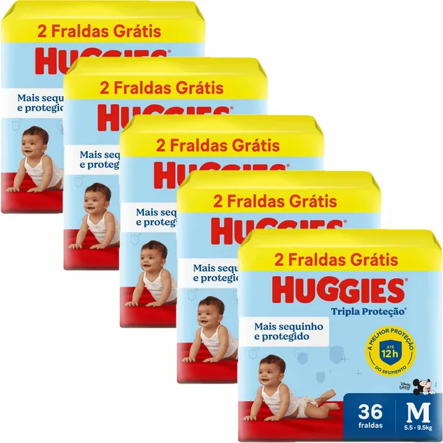Kit 5 Fraldas Huggies Tripla Proteção Meguinha (M) 36 Unidades cada