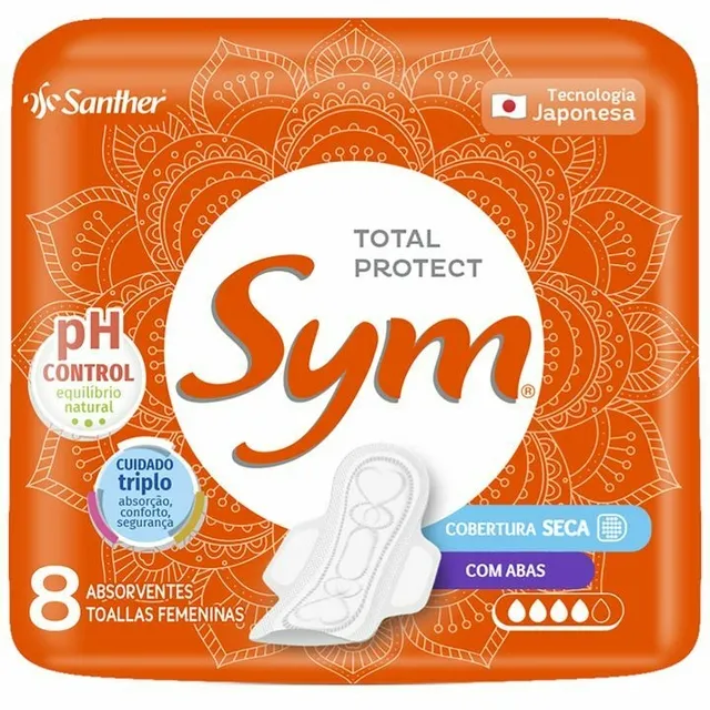 Absorvente com Abas Total Protect Seca Sym Pacote 8 Unidades