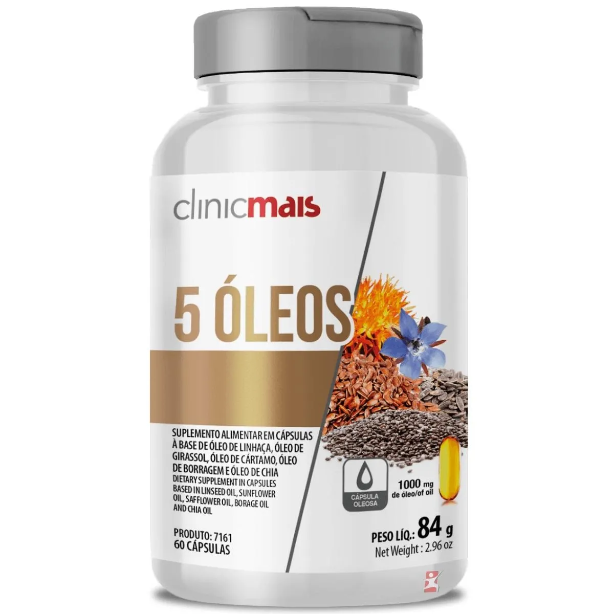 5 Óleos - Linhaça, Girassol, Cártamo, Borragem E Chia 60 Cápsulas Clinicmais