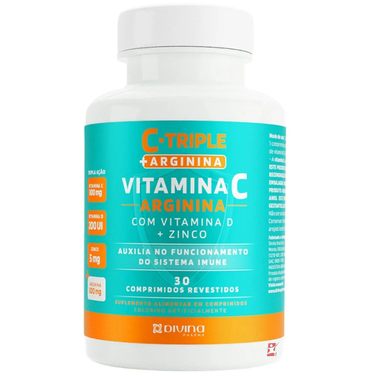C-Triple + Arginina 500Mg + Vit C 500Mg + Zinco 5Mg + Vit D 200Ui 30 Comprimidos Divina Pharma