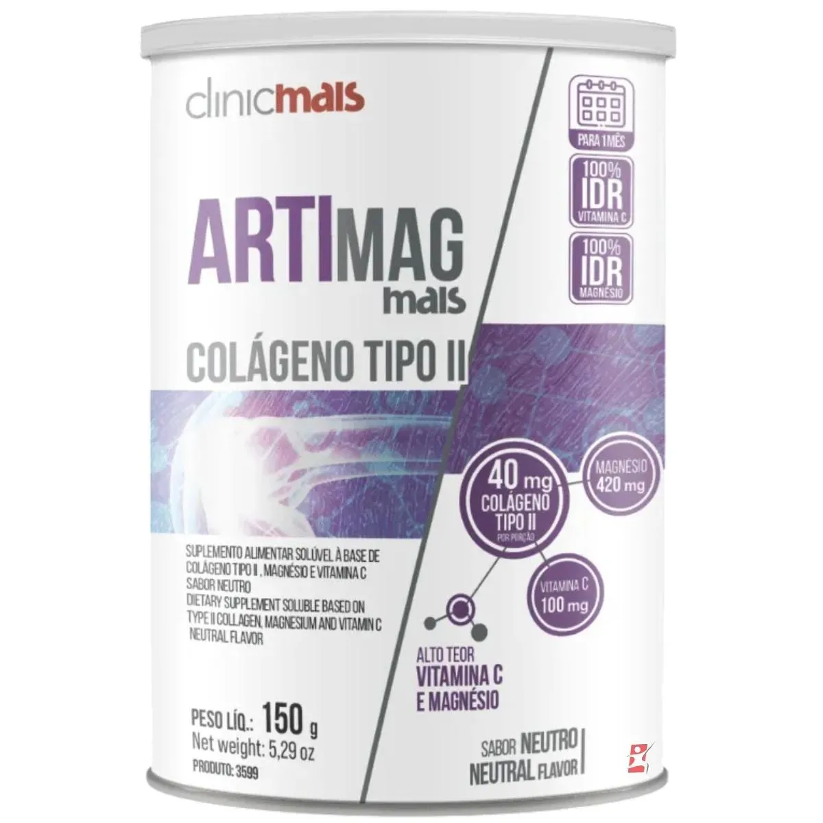 Artimag Mais Colageno Tipo 2 + Magnésio + Vit C Solúvel Sabor Neutro 150G Clinicmais