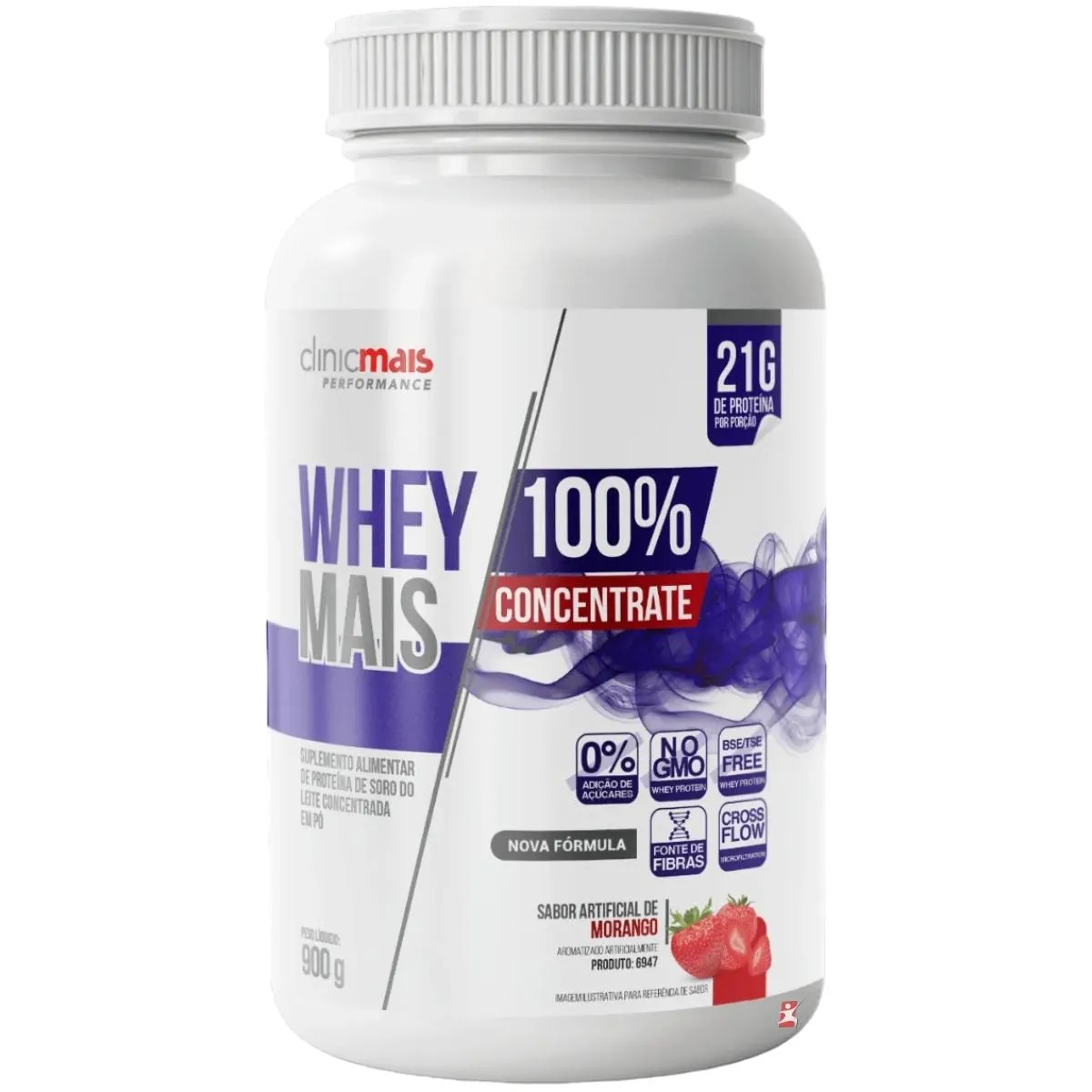 Whey Mais 100% Concentrate 21G Por Porção Morango 900G Clinicmais