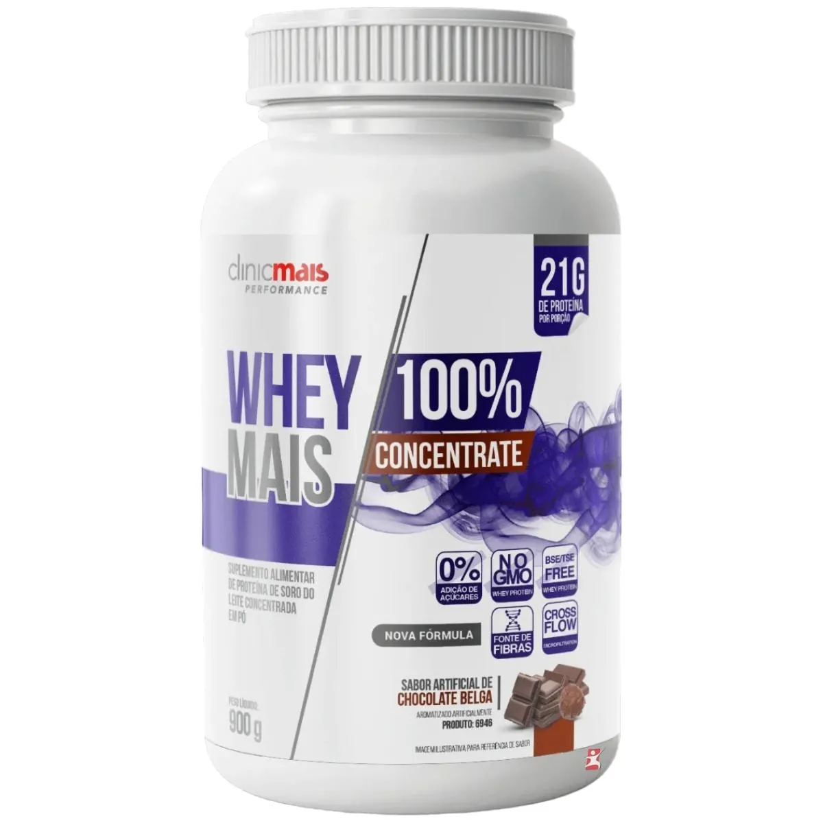 Whey Mais 100% Concentrate 21G Por Dose Chocolate Belga 900G Clinicmais