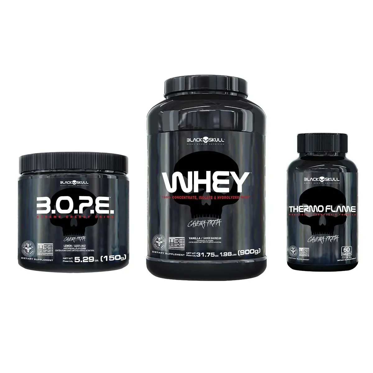 Kit Whey Morango 900g+Pré Treino B.O.P.E Limão 150g+Termogênico 60 Tab