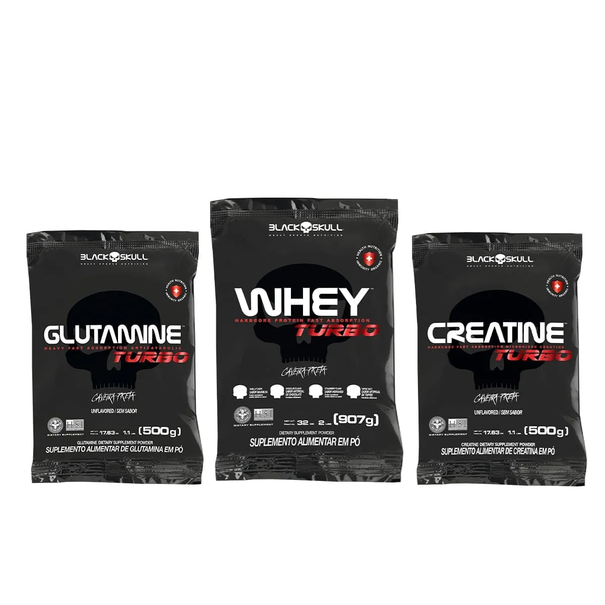 Kit Refil Turbo Whey Morango 907g+Glutamina 500g+Creatina 500g