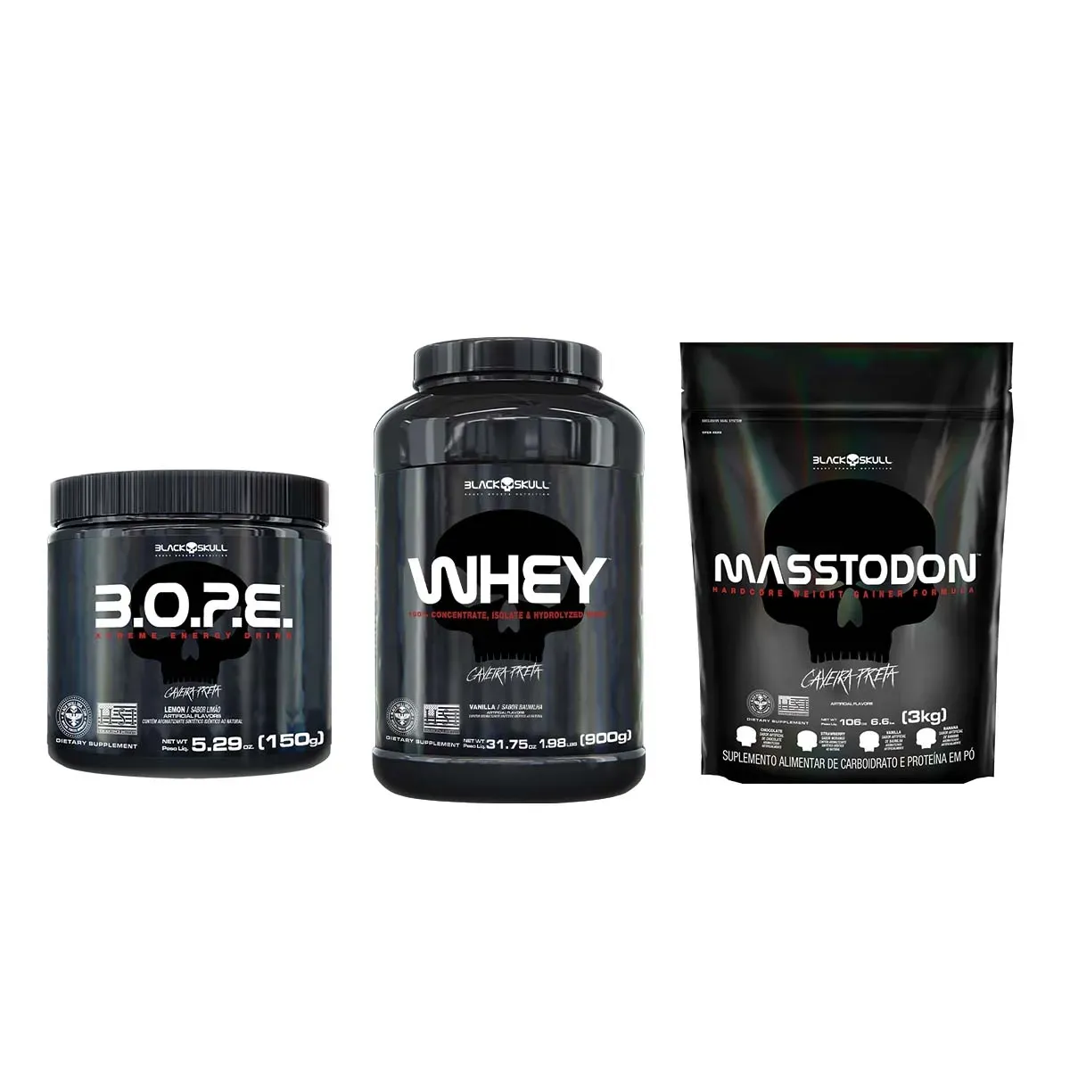 Kit Hipercalórico Morango 3Kg+Whey Baunilha 900g+Pré Treino B.O.P.E Limão 150g