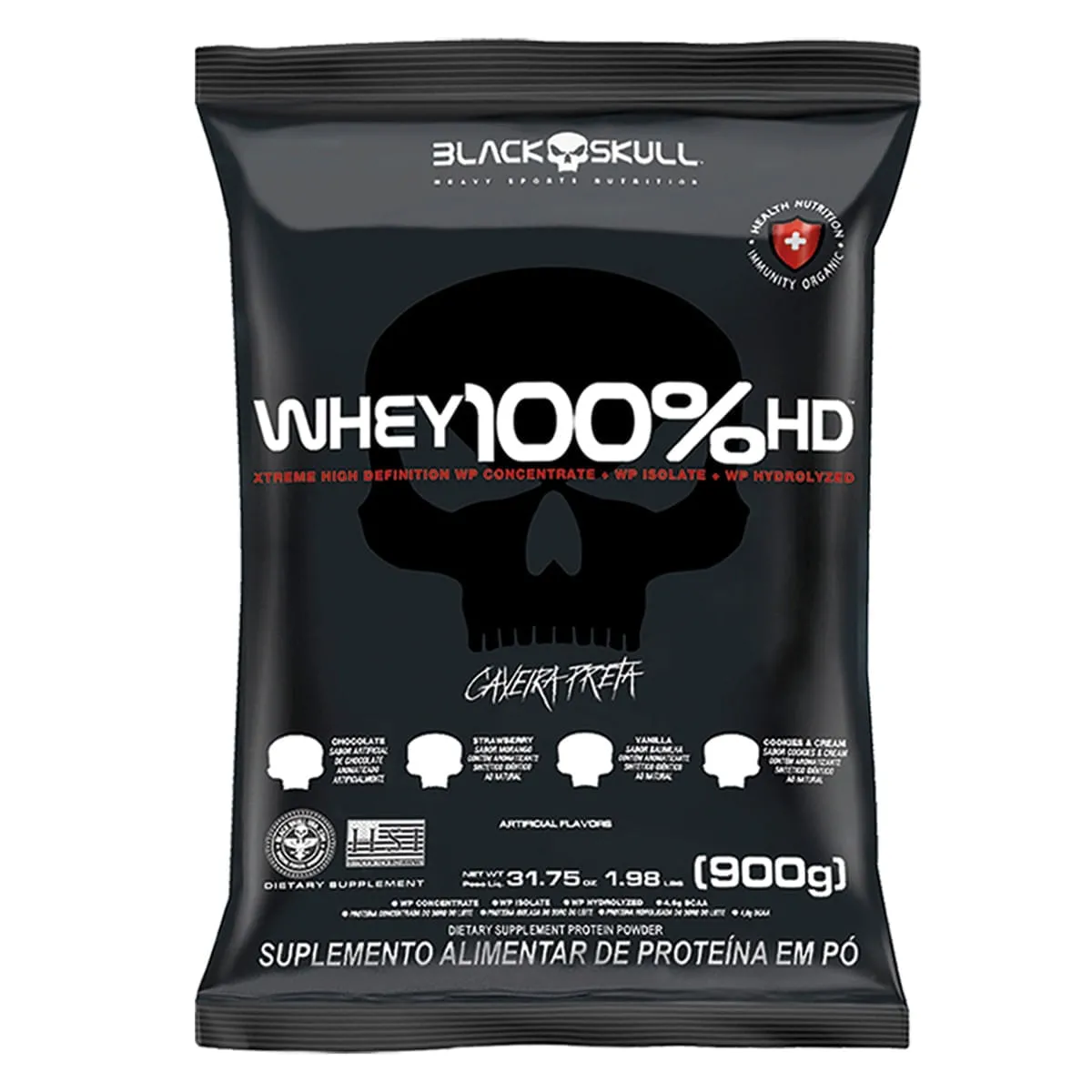 Whey 100% HD Refil Sabor Morango Black Skull 900g