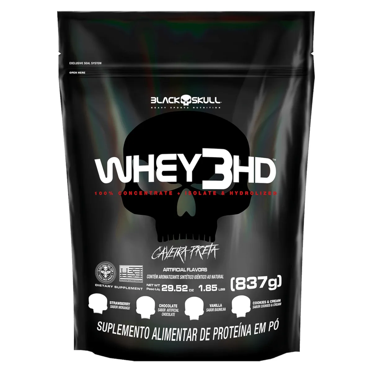 Whey Protein 3HD Refil Morango Black Skull 837g