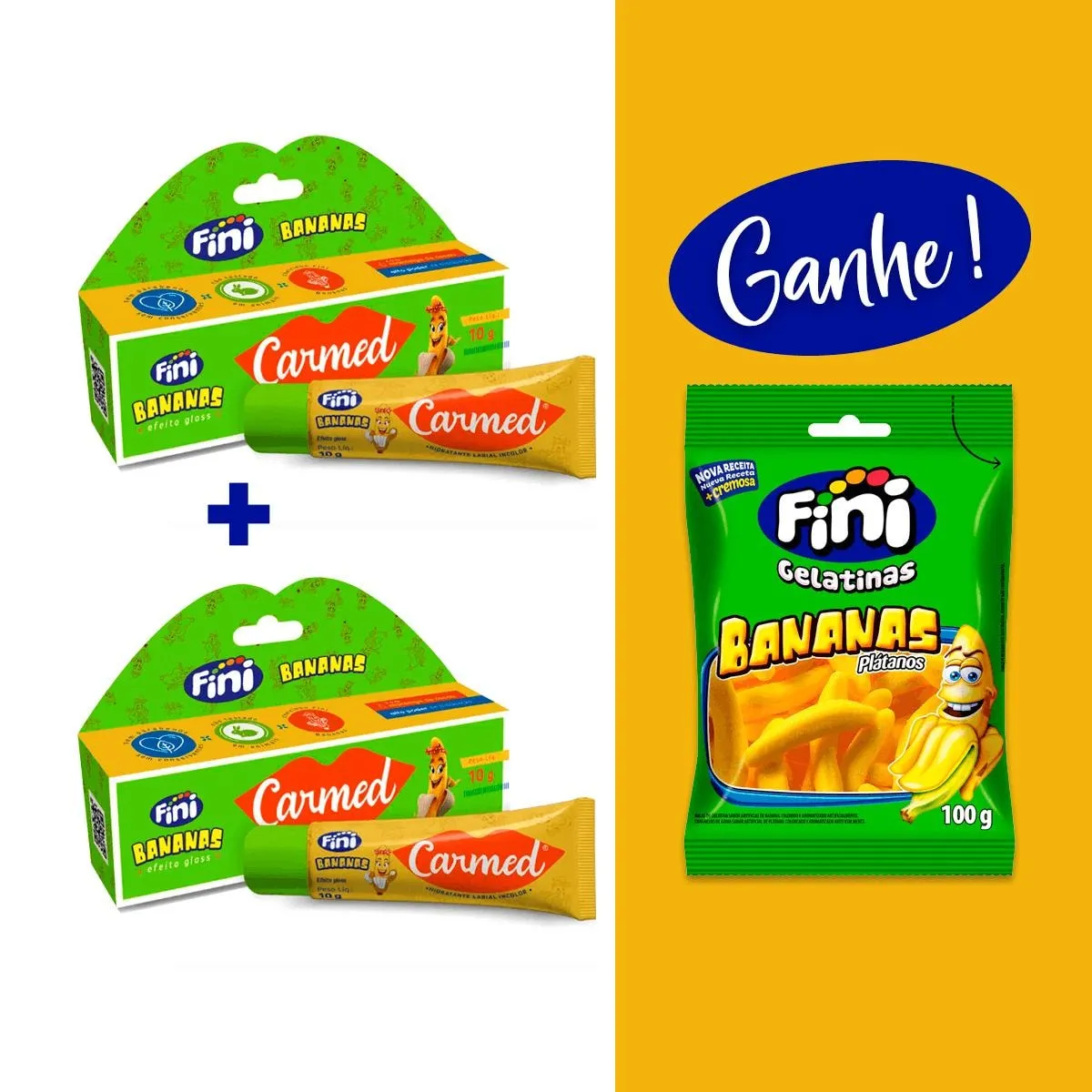 Kit 2 Hidratantes Labiais Carmed Fini Bananas 10g + BRINDE 1 Pacote Bala Fini Bananas 100g