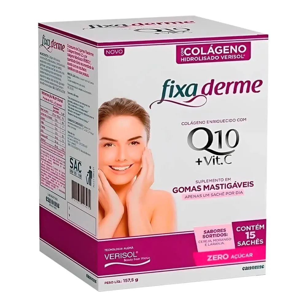 Suplemento Alimentar Fixa Derme Hialurônico+Colágeno+Vitamina c/45 Gomas Mastigáveis c/ 15 sachês