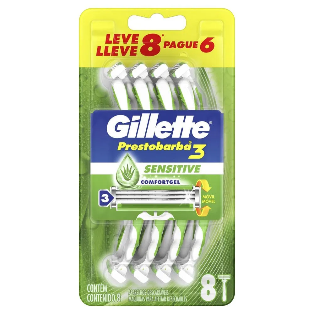 Aparelho de Barbear Gillette Prestobarba 3 Sensitive 8 unidades