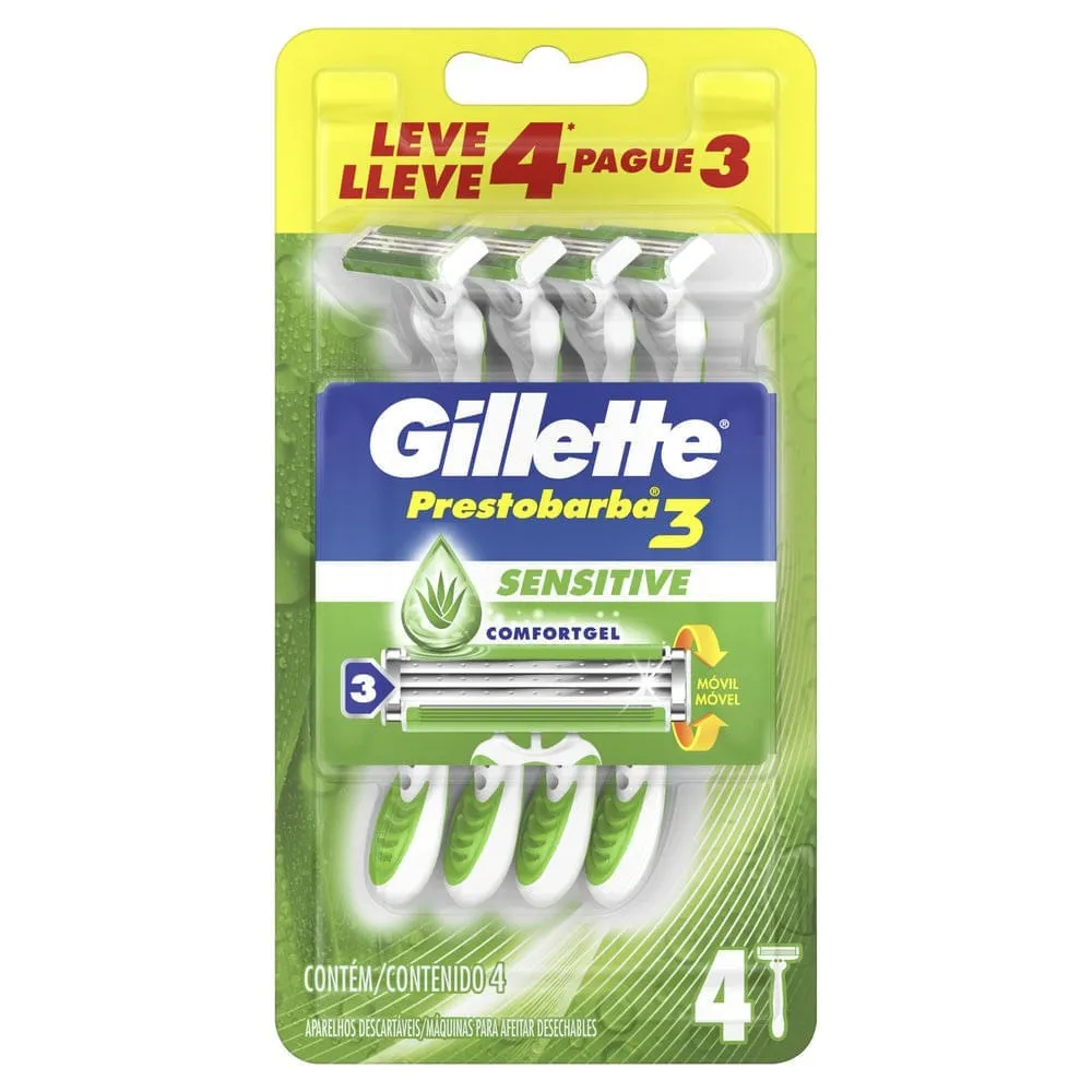 Aparelho de Barbear Gillette Prestobarba 3 Sensitive 4 Unids