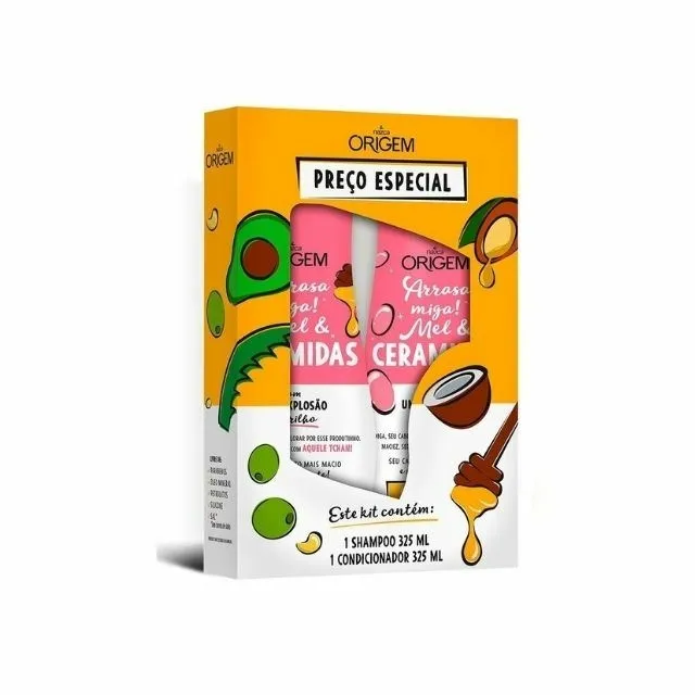 Shampoo + Condicionador Origem 325ml Arrasa Miga Mel Cerâmidas