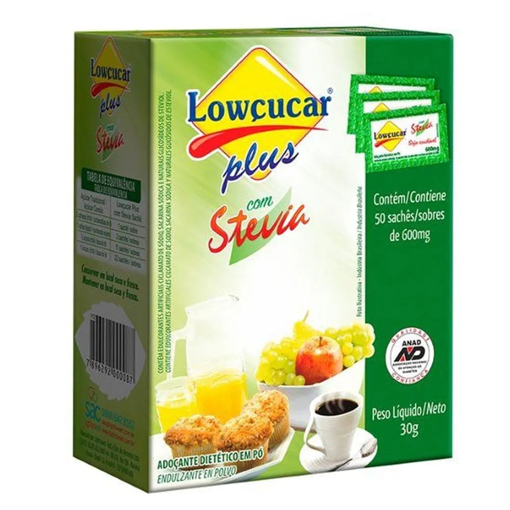 Adoçante em Pó Lowçucar Stevia Plus 50 envelopes 0,6g cada