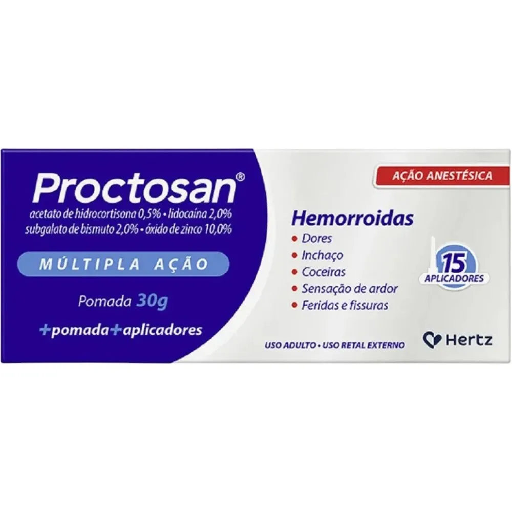 Proctosan Múltipla Ação Hidrocortisona + Lidocaína + Subgalato Bismuto + Óxido de Zinco 30g + 15 Aplicadores Hertz