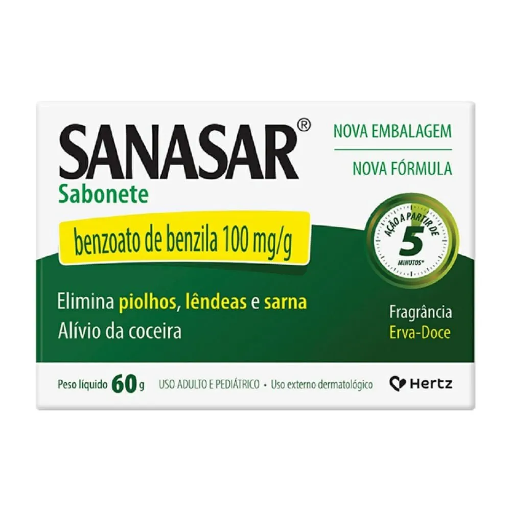 Sanasar Benzoato de Benzila 100mg/g 60g Sabonete Elimina Piolhos Lêndeas e Sarna Kley Hertz