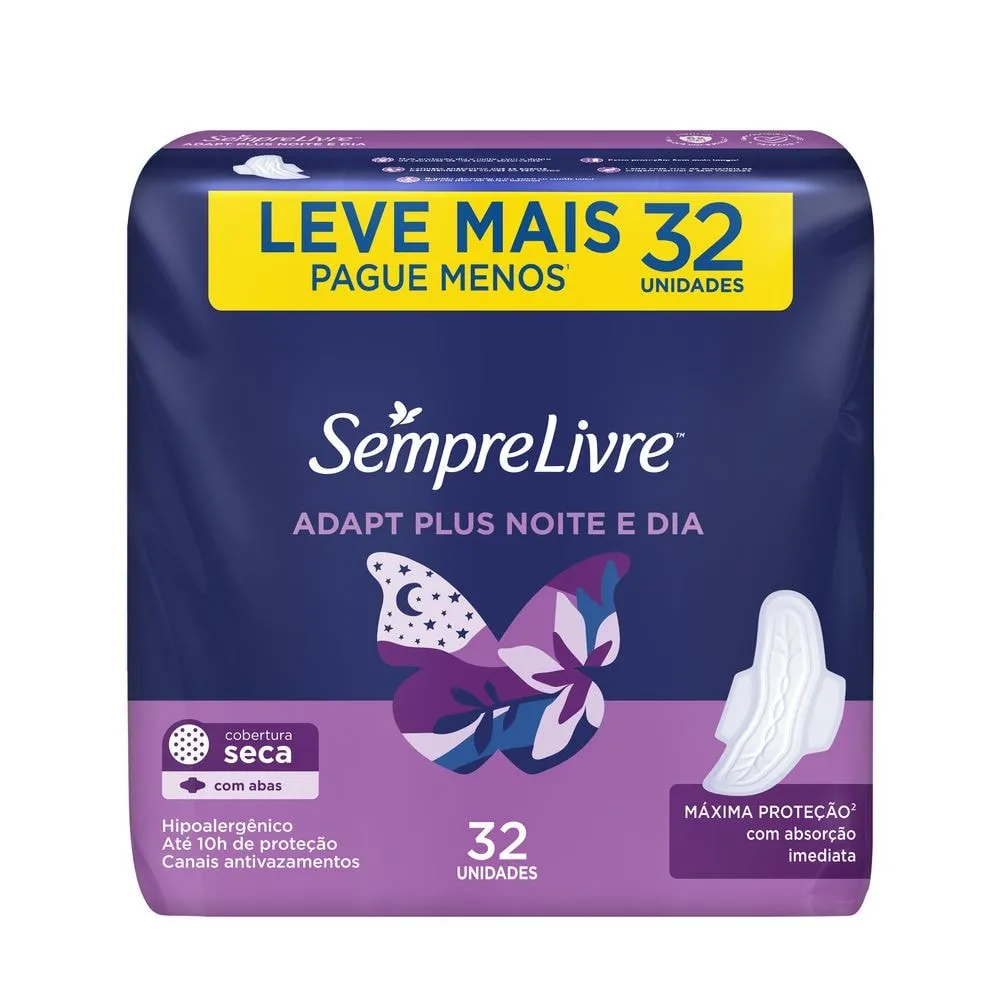 Absorvente Sempre Livre Adapt Plus Noite e Dia Abas 32 unidades