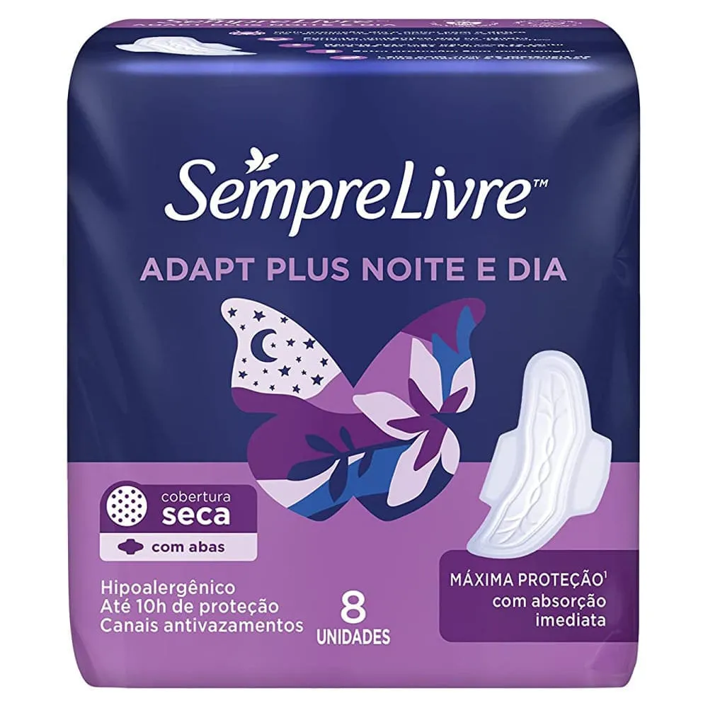 Absorvente Externo Sempre Livre Adapt Plus Noite e Dia Cobertura Seca com Abas | Com 8 Unidades