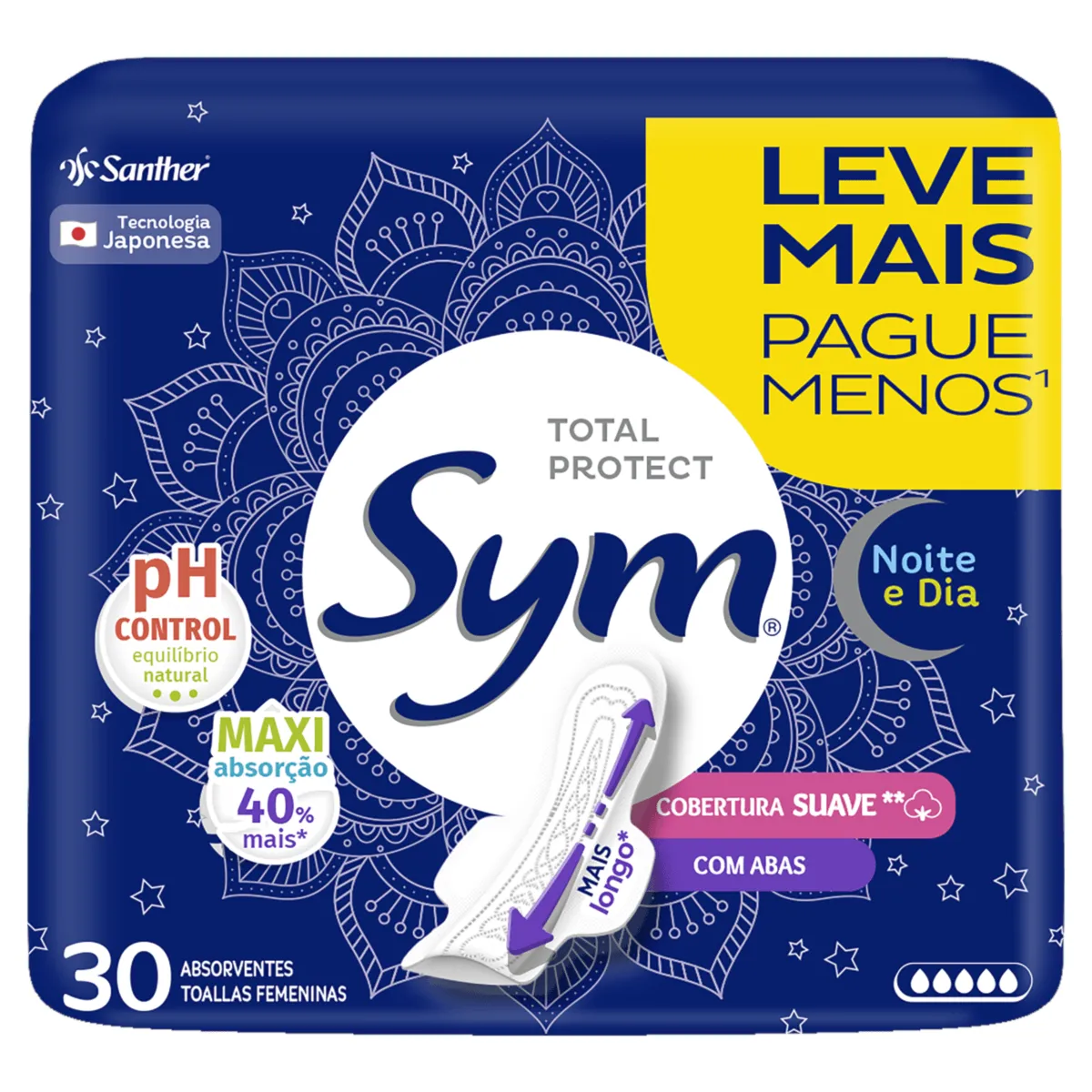 Absorvente Sym Noite & Dia Cobertura Suave Com Abas Com 30 Mais Por Menos