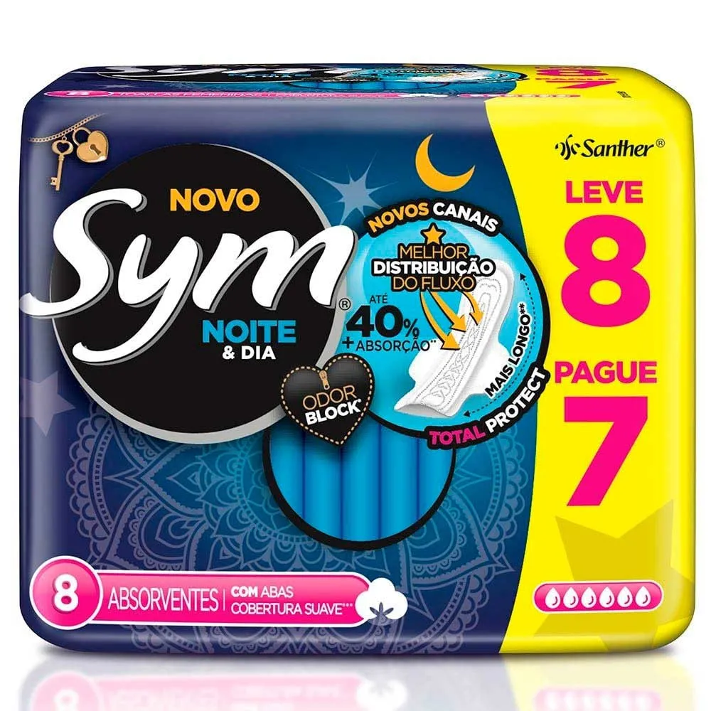 Absorvente Sym Total Protect Noite E Dia Suave Com Abas 8 Unidades