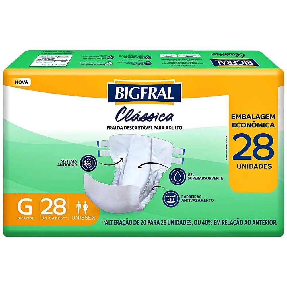 Fralda Descartável Geriátrica Adulto Bigfral Clássica Tamanho G 28 Unidades