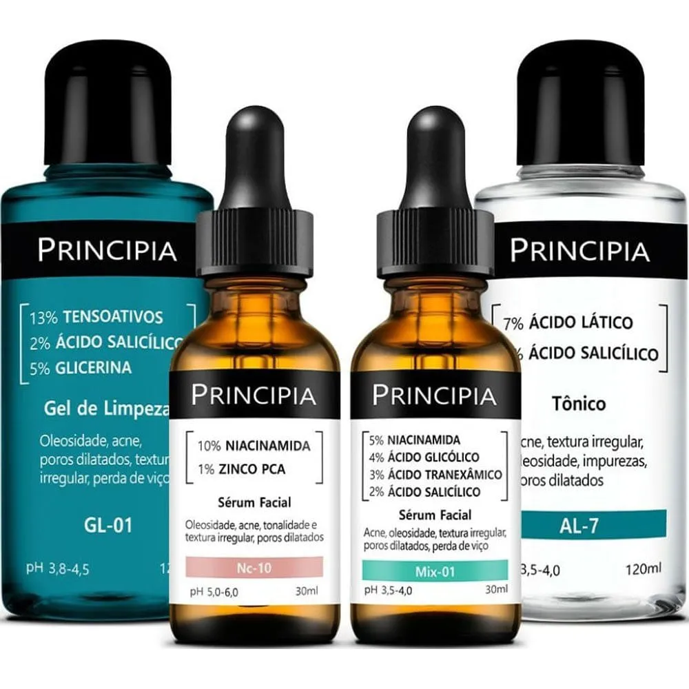 Kit Anti-Acne Avançado Principia Gel de Limpeza GL-01 + Sérum Facial Nc-10 + Sérum Facial Mix-01 + Tônico AL-7
