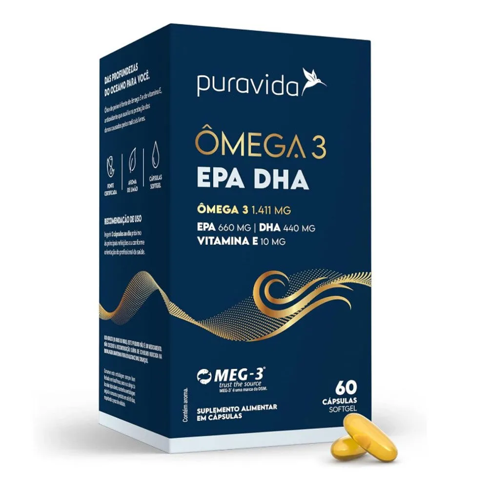 Suplemento Ômega 3 Pura Vida EPA+DHA+Vit E 60 Cápsulas