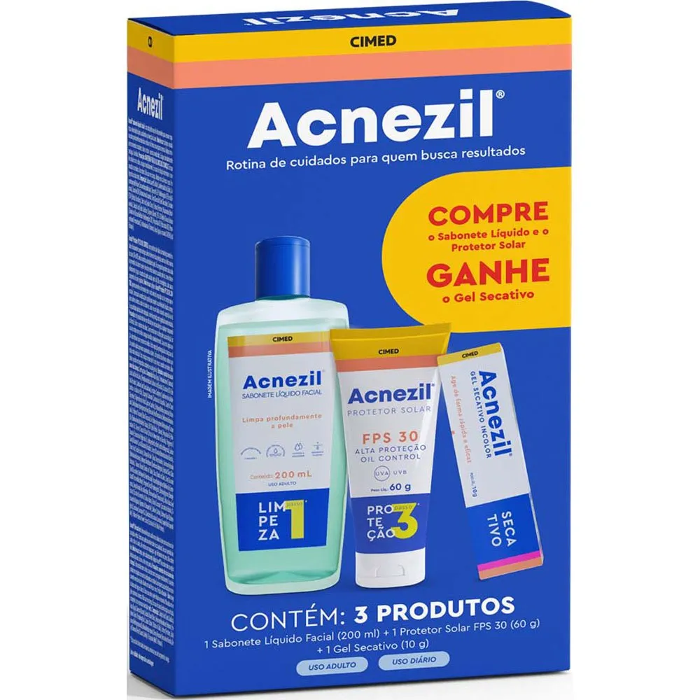 Kit Sabanonete Líquido Facial 200ml + Protetor solar FPS30 60g + Gel Secativo 10g Acnezil