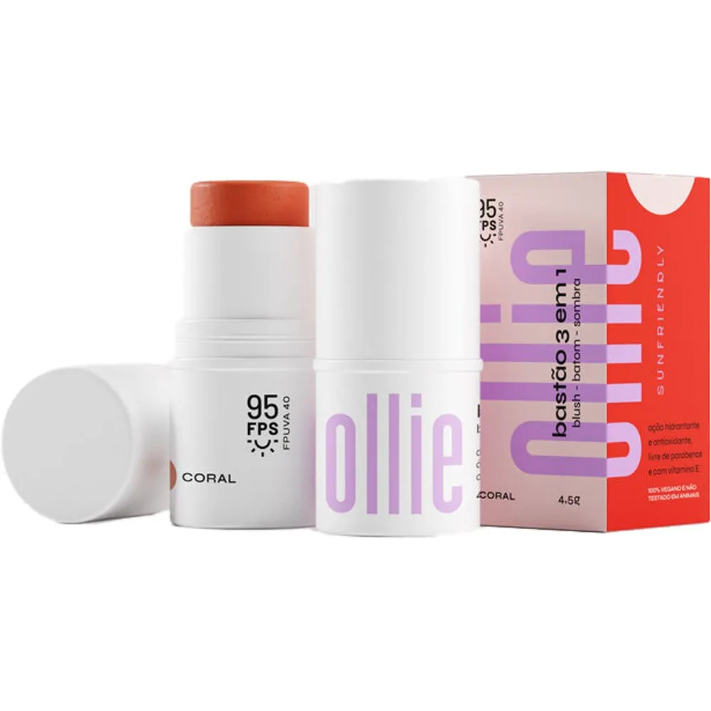 Bastão 3 em 1 Blush Batom e Sombra Ollie FPS95 Coral
