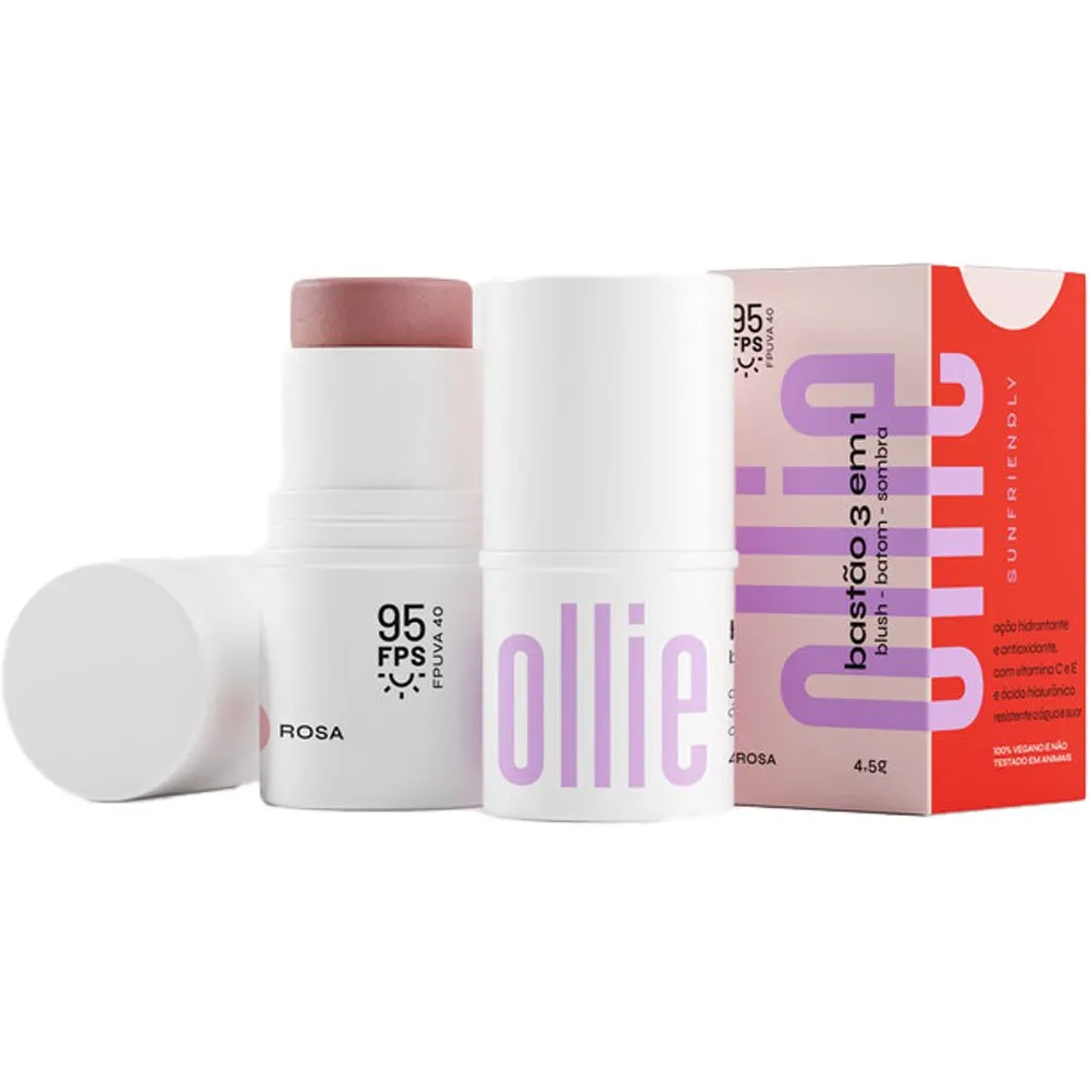 Bastão 3 em 1 Blush Batom e Sombra Ollie FPS95 Rosa