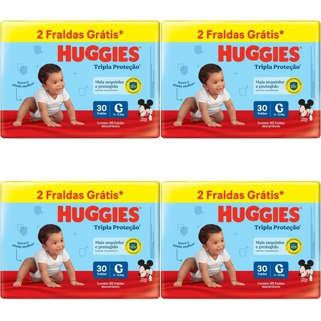 Kit 4 Fraldas Huggies Tripla Proteção Meguinha (G) 30 Unidades cada