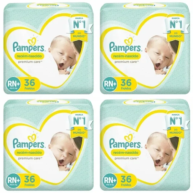 Kit 4 Fraldas Recem Nascido ”Rn+” Pampers Simples c/ 36 Unidades cada