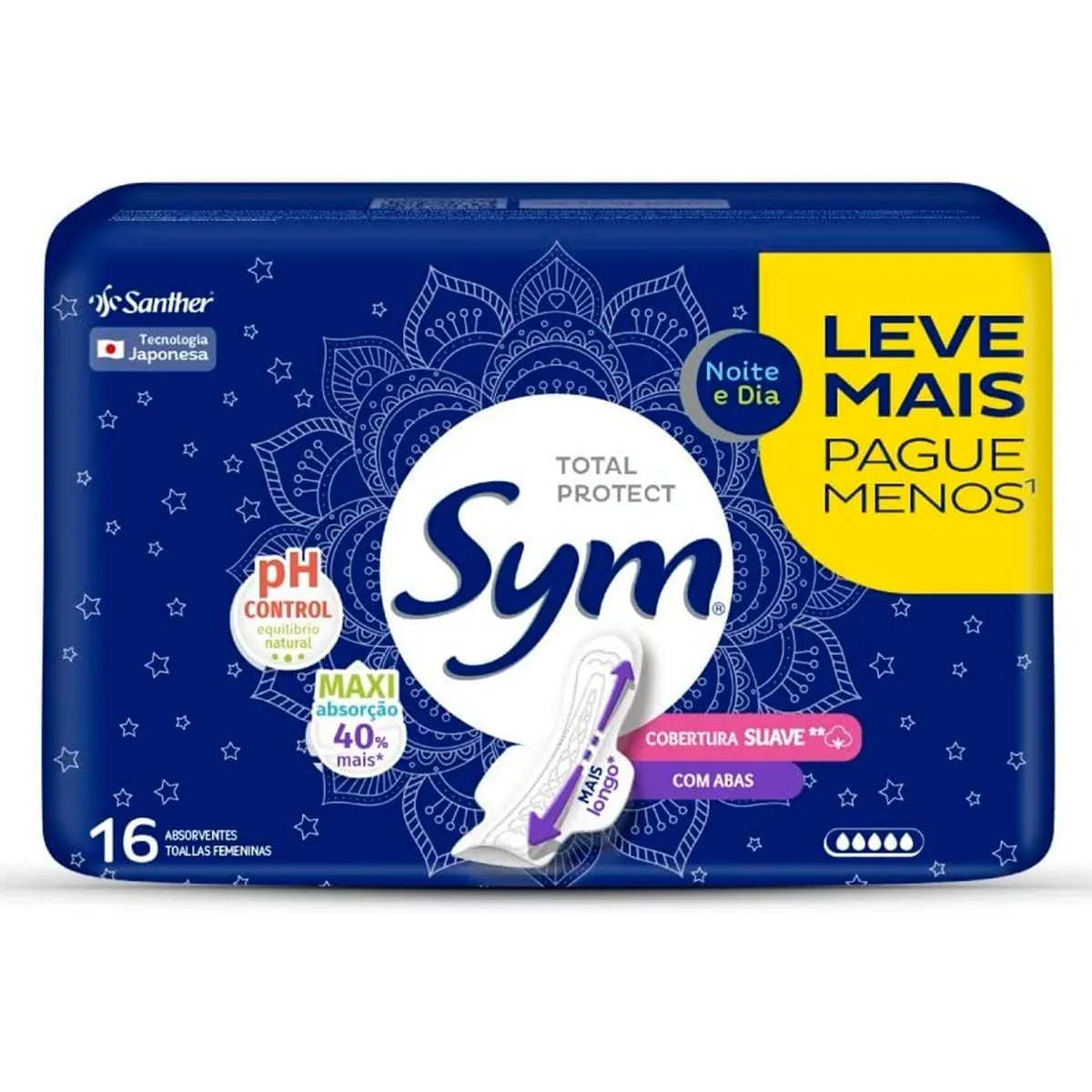 Absorvente Sym Total Protect Noite e Dia Cobertura Suave Com Abas 16 Unidades Leve Mais Pague Menos