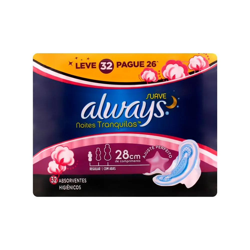 Absorvente Always Noites Tranquilas Suave Com Abas Leve 32 Pague 26