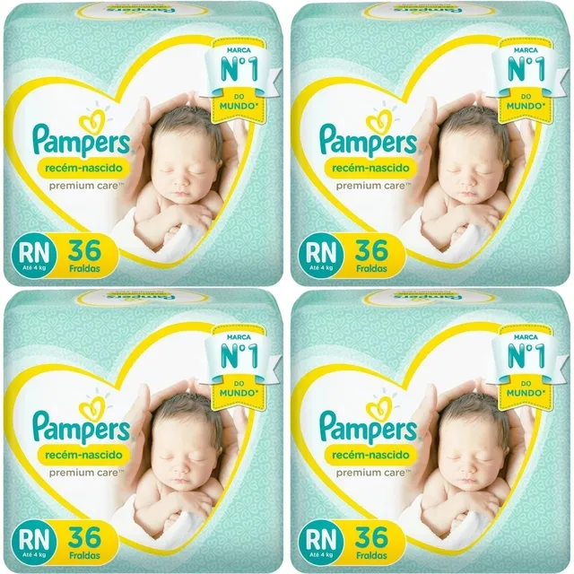 Kit 4 Fraldas Recem Nascido Premium Care ”Rn” Pampers Simples c/ 36 Unidades cada