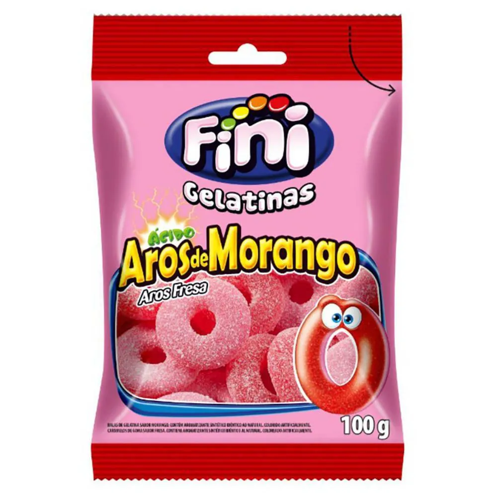 Balas De Gelatinas Fini Aros De Morango Ácidos 100G