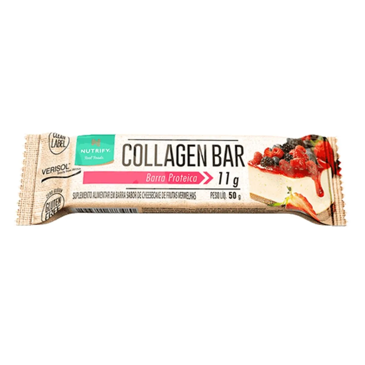 Barra de Colágeno Proteica Collagen Bar Sabor Cheesecake de Frutas Vermelhas Com 50G Nutrify