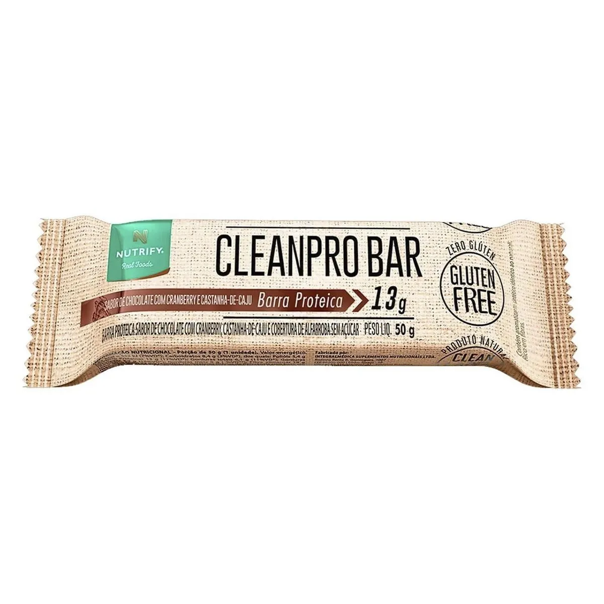 Barra de Proteina Cleanpro Bar Sabor Chocolate Com Cranberry e Castanha-De-Caju Com 50G Nutrify