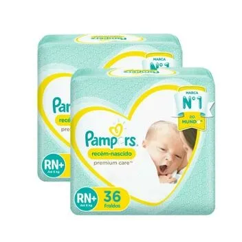 Kit 2 Fraldas Recem Nascido ”Rn+” Pampers c/ 36 Unidades cada