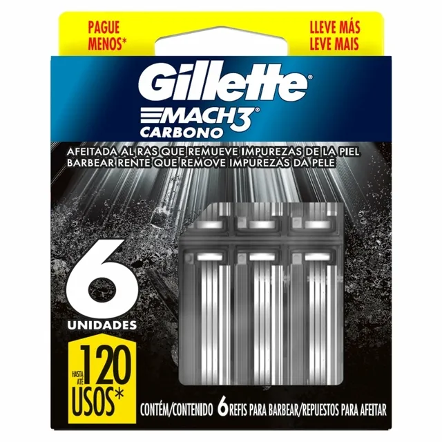 Carga Barbear Gillette Mach3 Carbono Com 6 Unidades