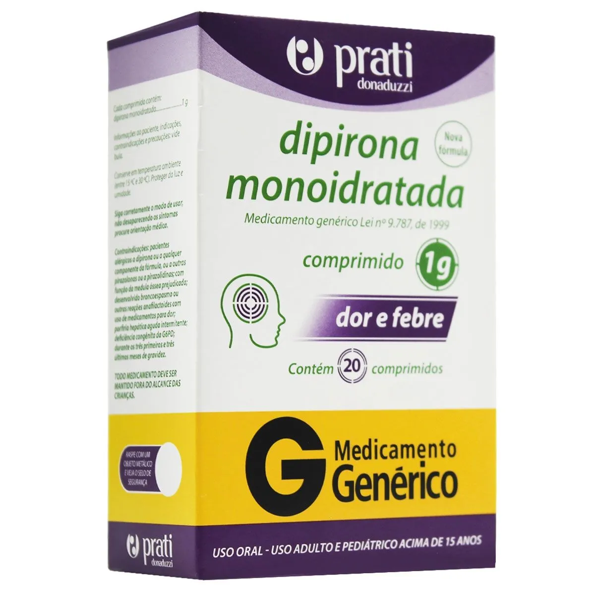 Dipirona Monoidratada 1g Com 20 Comprimidos Genérico Prati Donaduzzi