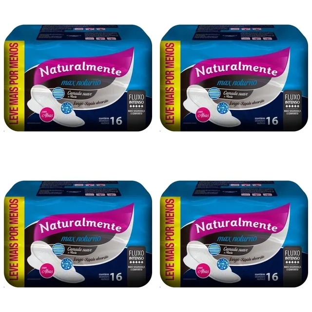 Kit c/4 Absorventes Naturalmente Max Noturno com Abas C/16 Unidades cada