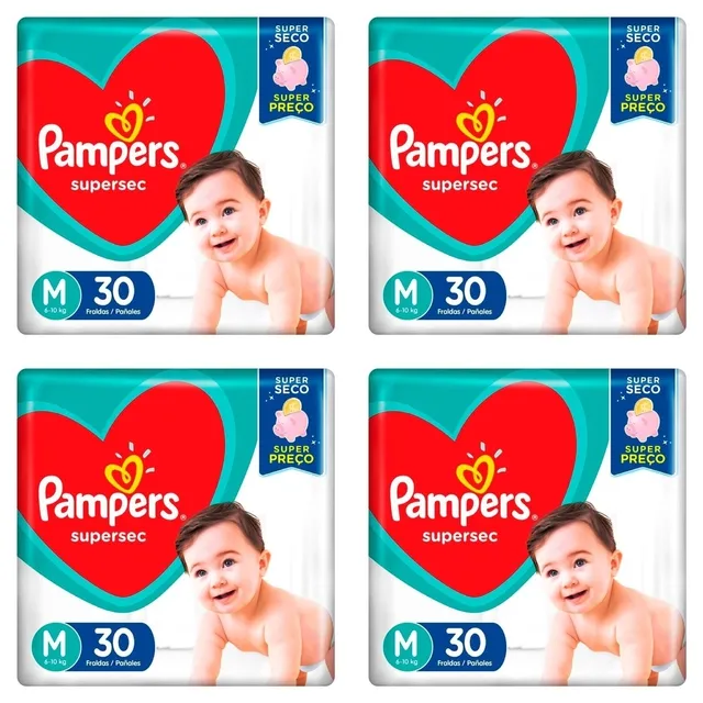 Kit 4 Fraldas Pampers Supersec Pacotão M 30 Unidades cada