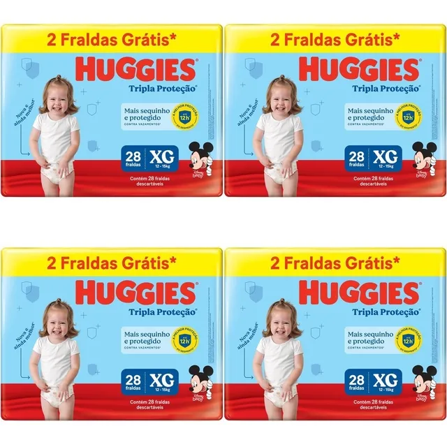 Kit 4 Fraldas Huggies Tripla Proteção Meguinha (Xg) 28 Unidades cada