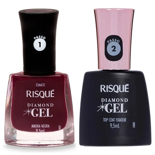 Kit Esmalte Risque Diamond Gel Amora Negra + Fixador Top Coat