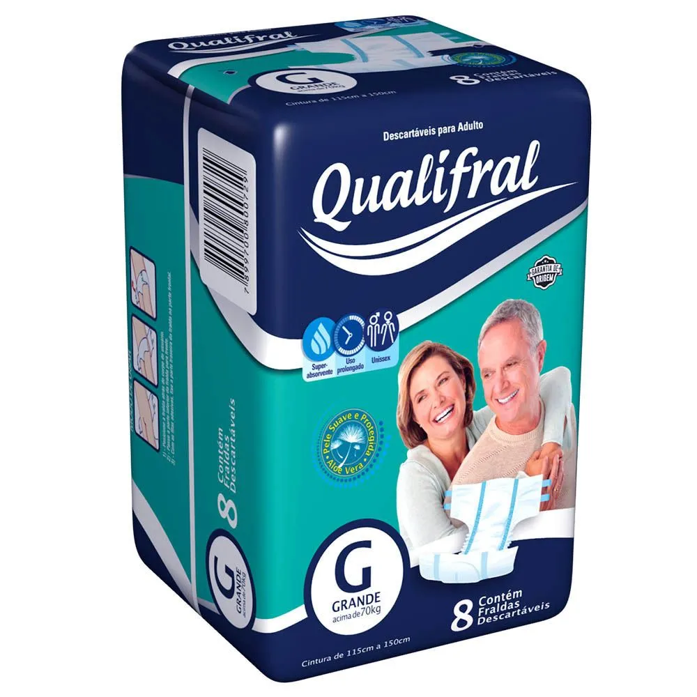 Fralda Geriátrica Tamanho Grande com 8 Unidades Qualifral