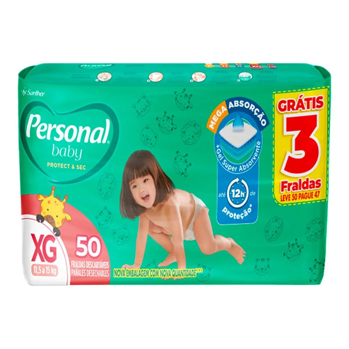 Fralda Personal Baby Protect e Sec Tamanho XG Pacote 50 Unidades