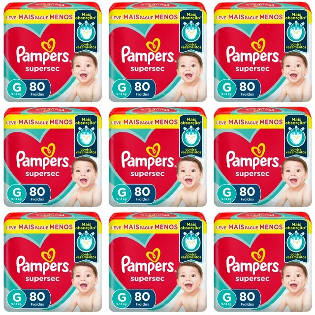 Kit 9 Fraldas Supersec Jumbo ”G” Pampers Simples c/ 80 Unidades cada